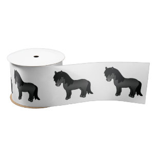 Black Shetland Pony Cute Cartoon Illustration Satin Ribbon