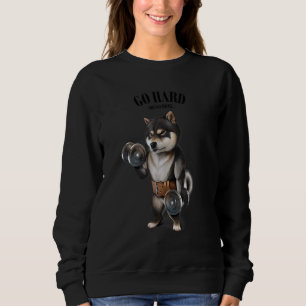 Black Shiba Dog Muscle Training With Dumbbell In F Sweatshirt