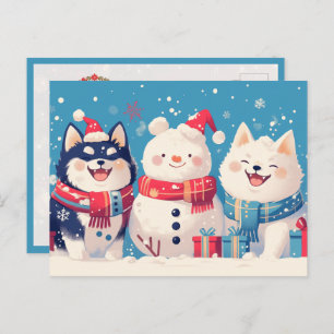 Black Shiba Inu and Samoyed dog with Snowman Postcard