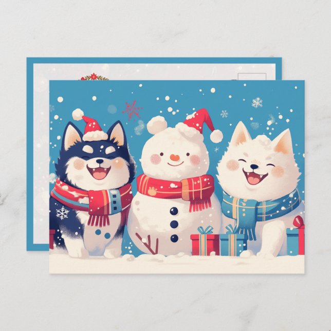 Black Shiba Inu and Samoyed dog with Snowman Postcard (Front/Back)