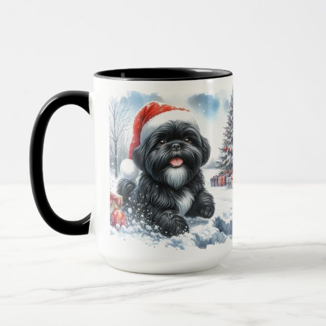 Black Shih Tzu Dashing Thru Snow Christmas Mug (Left)