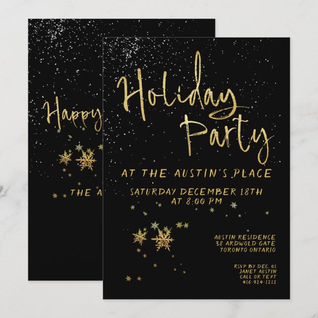 Black Shimmering Gold Calligraphy Holiday Party Invitation (Front/Back)