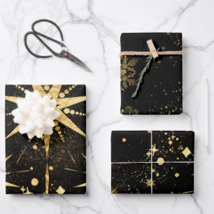 Black & Shimmering Gold Starbursts & Stardust Wrapping Paper Sheet
