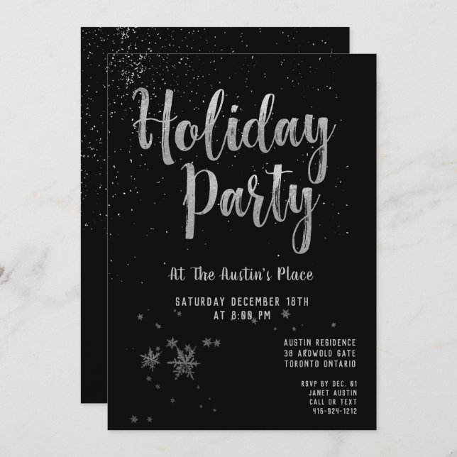 Black Shimmering Silver Holiday Party Invitation (Front/Back)