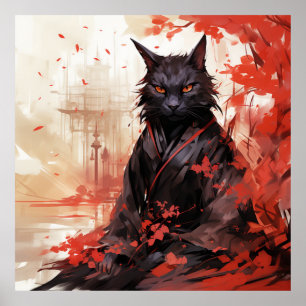 Black Shinobi Cat Meditation Japanese Art Anime Poster