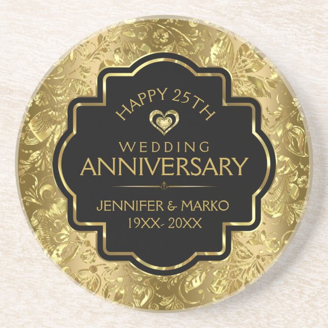 Black & Shiny Gold 50th Wedding Anniversary Coaster (Front)