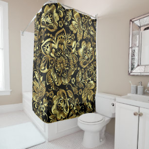 Black & Shiny Gold Floral Damasks Pattern Shower Curtain