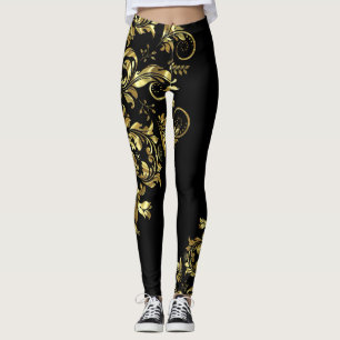 Black & Shiny Gold Floral Lace Asymmetrical Design Leggings
