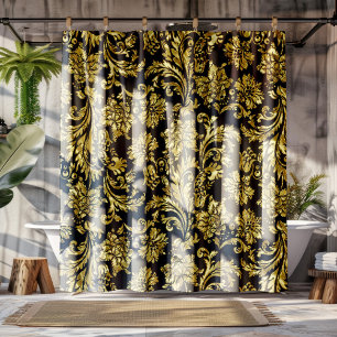 Black & Shiny Gold Vintage Floral Damasks Shower Curtain