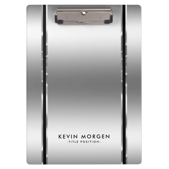 Black & Shiny Metallic Silver-Grey Stripes Clipboard (Front)