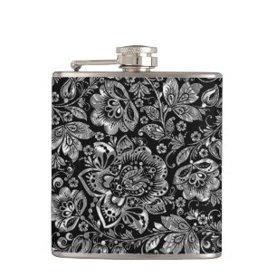 Black & Shiny Silver Flowers Damasks Pattern Hip Flask