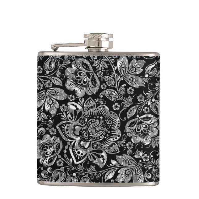 Black & Shiny Silver Flowers Damasks Pattern Hip Flask (Front)