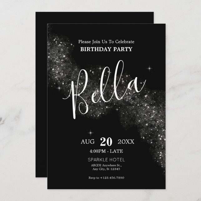 Black shiny sparkle birthday Invitation (Front/Back)