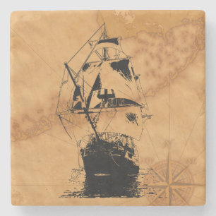 Black Ship Silhouette Stone Coaster