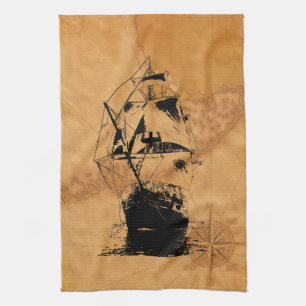 Black Ship Silhouette Tea Towel