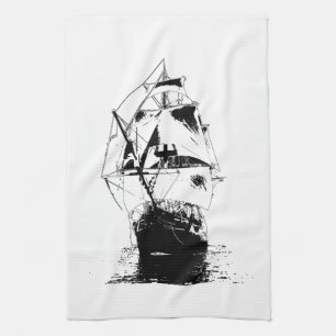 Black Ship Silhouette Tea Towel