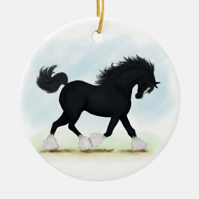 Black Shire Horse With Blaze and Stockings Ceramic Ornament (Front)