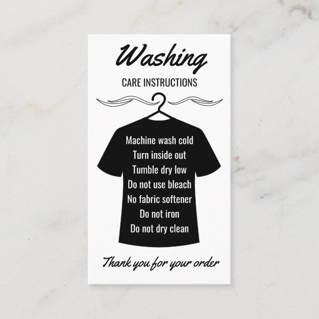 Black Shirt Apparel Washing Care Instructions Business Card (Front)