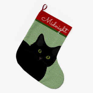 Black Short Hair Cat Green Eyes Personalised Large Christmas Stocking