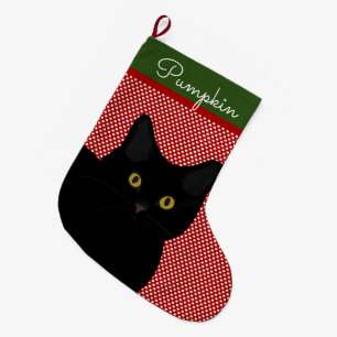 Black Short Hair Cat Yellow Eyes Personalised Large Christmas Stocking