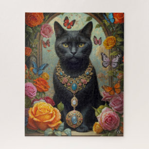 Black Shorthair Cat with Jewels and butterfly Jigsaw Puzzle