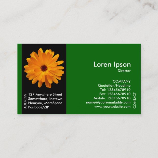 Black Side Band Flower - Orange Marigold - Green Business Card (Front)