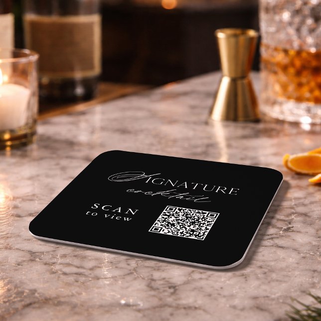 Black Signature Cocktail QR Code Wedding Coaster (Creator Uploaded)