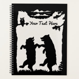 Black Silhouette Bears Dancing Owl In Tree Clouds Planner