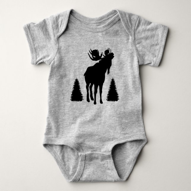 Black Silhouette Bull Moose Pine Trees Baby Bodysuit (Front)