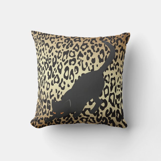 Black Silhouette Cat on Cheetah Background Cushion (Front)