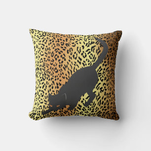 Black Silhouette Cat on Leopard Print Cushion