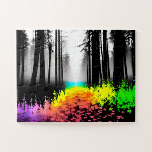 Black Silhouette Forest With Rainbow For Kids Jigsaw Puzzle