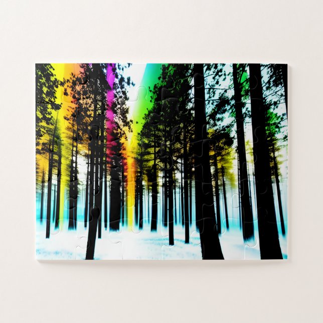 Black Silhouette Forest with Rainbow Glow for Kids Jigsaw Puzzle (Horizontal)