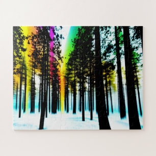 Black Silhouette Forest with Rainbow Glow Jigsaw Puzzle