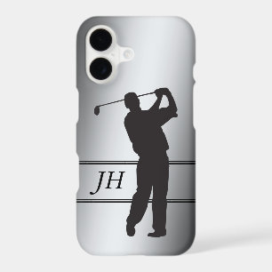Black Silhouette Golfer on Silver Monogram 