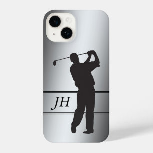 Black Silhouette Golfer on Silver Monogram  iPhone 14 Case