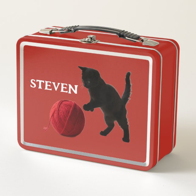 Black Silhouette Kitty, with red wool Ball Metal Lunch Box (Front)