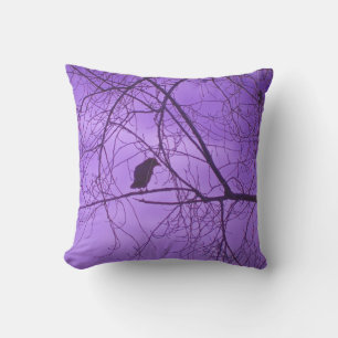 Black Silhouette of Crow Tree Branches Purple Sky Outdoor Cushion