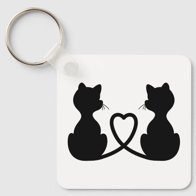 Black Silhouette Of Two Cats In Love Key Ring (Front)