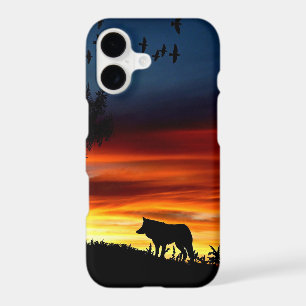 Black Silhouette of Wolf, Birds and Tree in Sunset