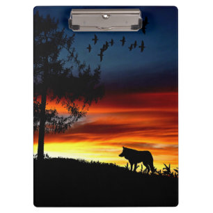 Black Silhouette of Wolf, Birds and Tree in Sunset Clipboard