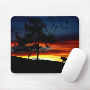 Black Silhouette of Wolf, Birds and Tree in Sunset Mouse Pad