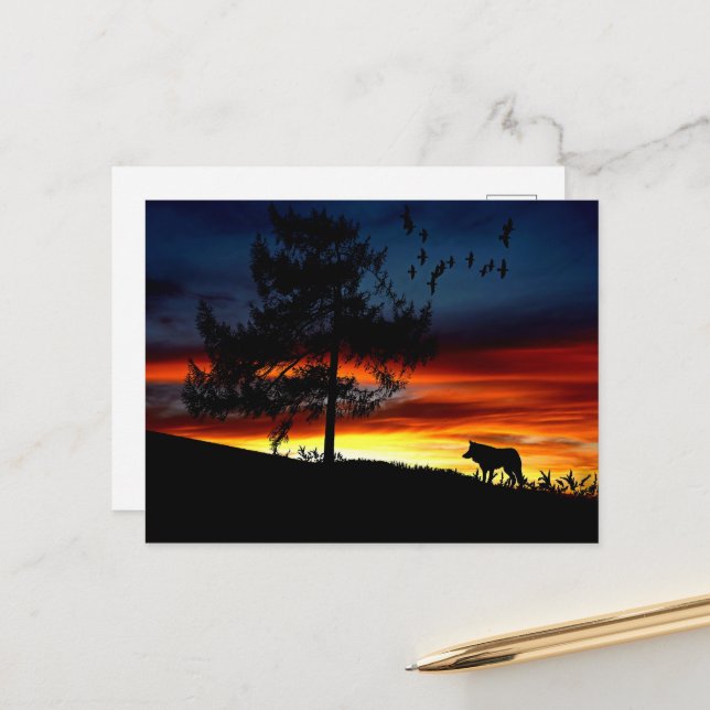 Black Silhouette of Wolf, Birds and Tree in Sunset Postcard (Front/Back In Situ)