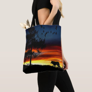 Black Silhouette of Wolf, Birds and Tree in Sunset Tote Bag
