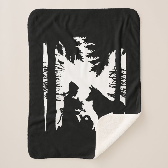 Black Silhouette on White Red Riding Hood Wolf Sherpa Blanket (Front)
