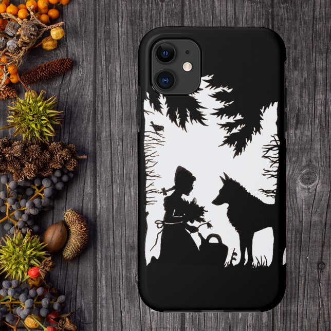 Black Silhouette Red Riding Hood Wolf Woods Case-Mate iPhone Case (Black and white image red riding hood kneeling under trees with flowers and wolf on phone case.)