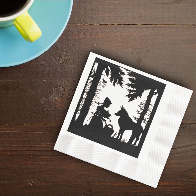 Black Silhouette Red Riding Hood Wolf Woods Napkin (Black white silhouett Little Red Riding hood and wolf in woods on napkins.)