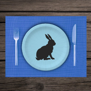 Black Silhouette Sitting Rabbit on light Blue Paper Plate
