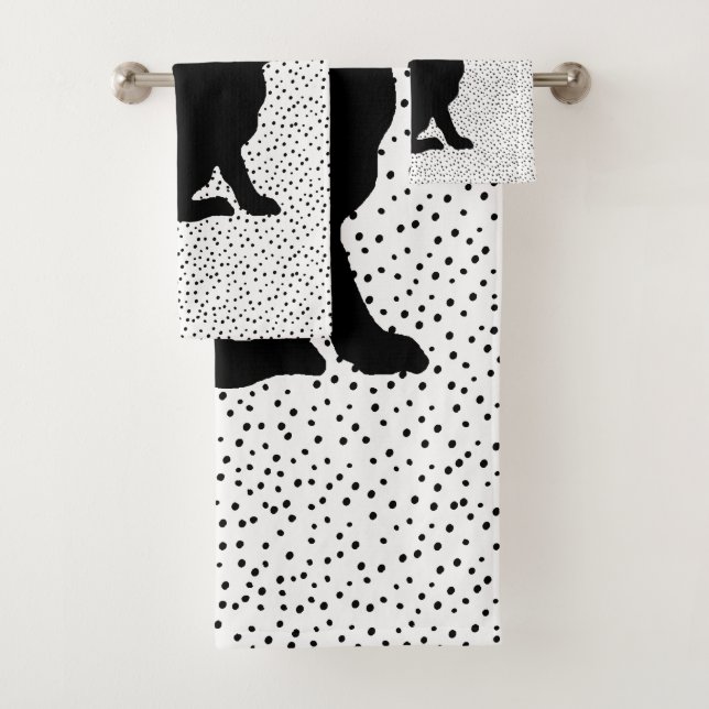 Black Silhouette Sitting Rabbit on Polka Dots Bath Towel Set (Insitu)