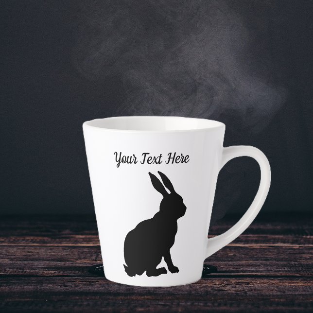 Black Silhouette Sitting Rabbit Side Profile Latte Mug (Sitting black silhouette bunny rabbit with tall ears on white expresso mug.)